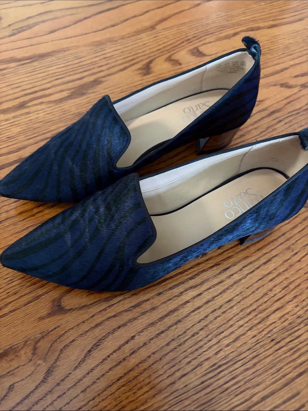 SARTO By Franco Sarto Navy and Black Zebra-Print Pointed-Toe Low Heel Loafers